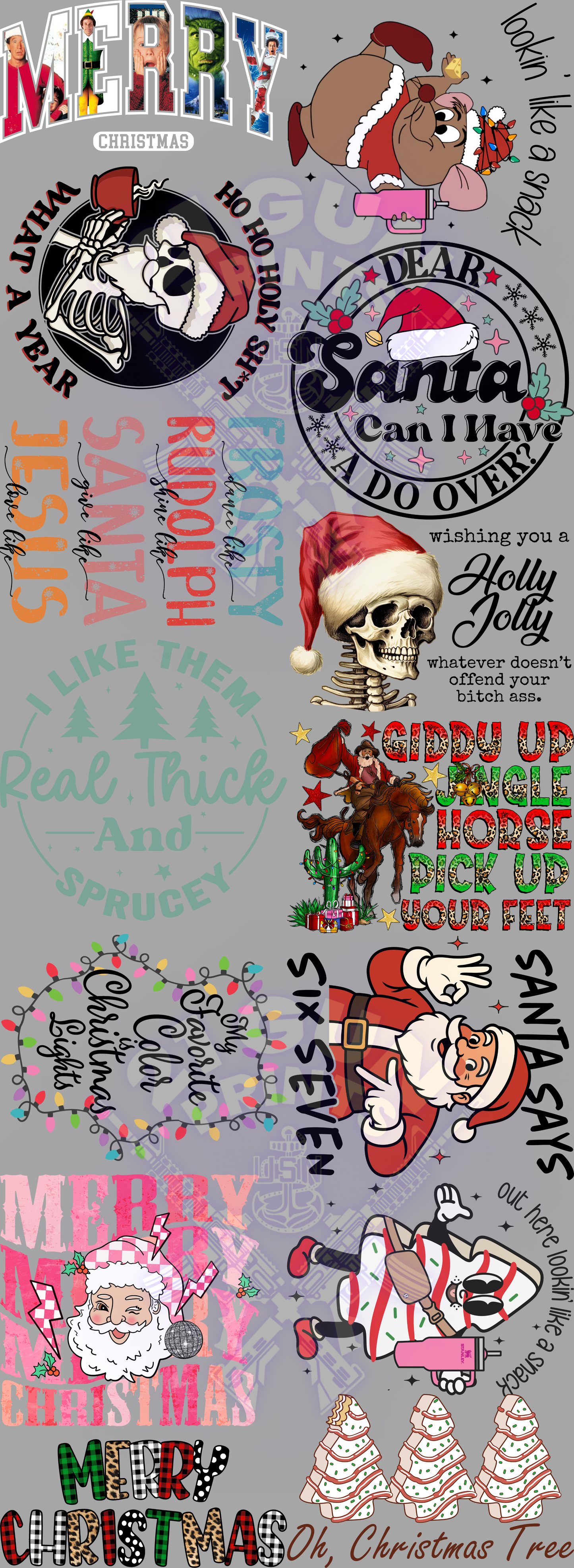 A collage of festive Christmas-themed shirt designs featuring humorous and cheerful graphics. The designs include phrases like “Merry Christmas,” “Dear Santa, Can I Have a Do Over?,” “Giddy Up Jingle Horse Pick Up Your Feet,” “Ho Ho Holy Sh*t What a Year,” and “Santa Says Six Seven.” Images include Santa Claus, skeletons wearing Santa hats, Christmas lights, holiday trees, a megaphone cheer graphic, cartoon characters, and western Christmas motifs.