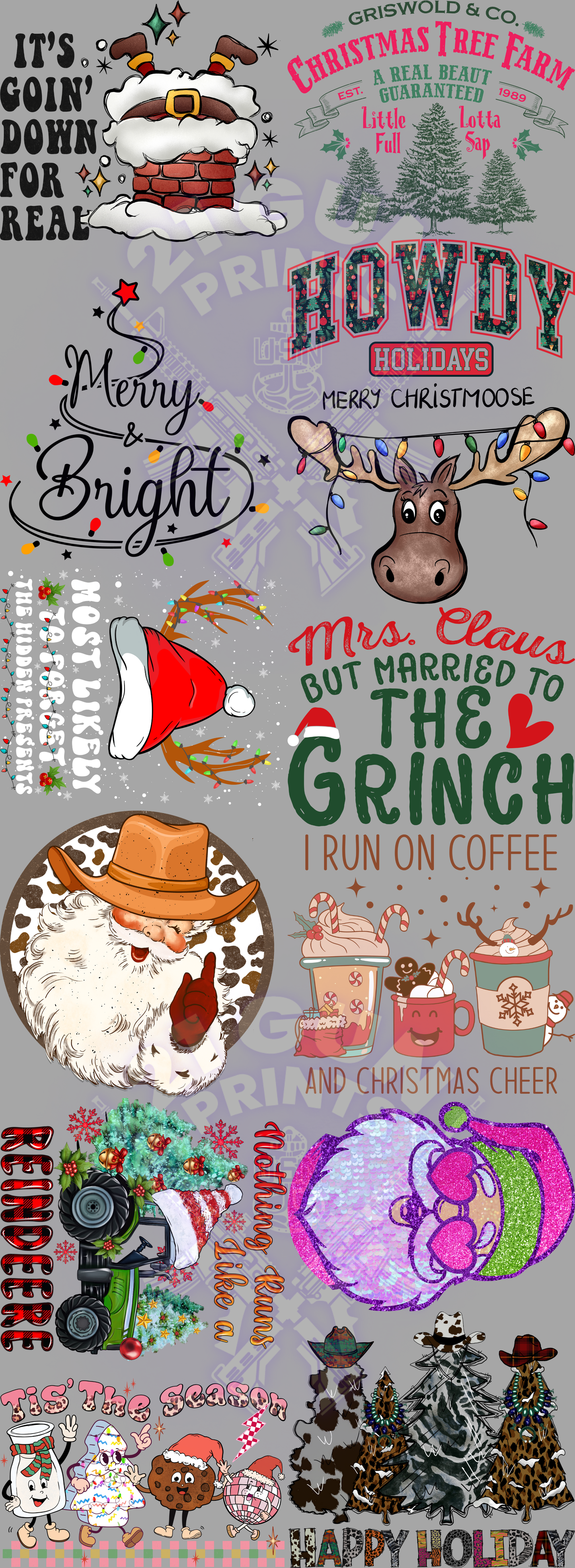 A vertical collage of fun and colorful Christmas-themed shirt designs. The artwork features a variety of humorous and festive graphics, including Santa Claus stuck in a chimney with the phrase “It’s Goin’ Down for Real,” a retro-style “Griswold & Co. Christmas Tree Farm” design, a western-themed “Howdy Holidays Merry Christmoose,” “Merry & Bright” with holiday lights, “Most Likely to Forget Rudolph’s Name,” “Mrs. Claus but Married to the Grinch,” and a cowboy Santa saying “Tis the Season.”