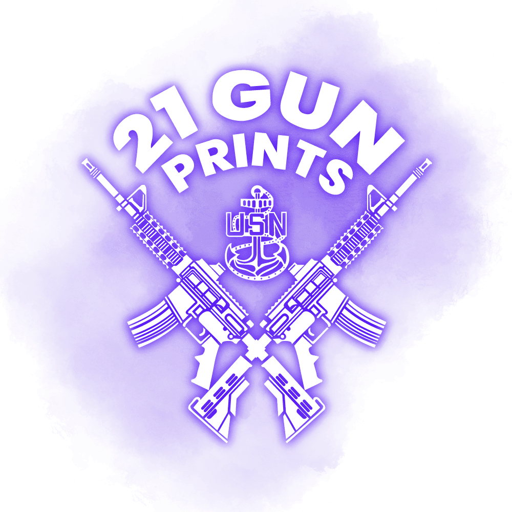 21 gun prints logo in purple on transparent background