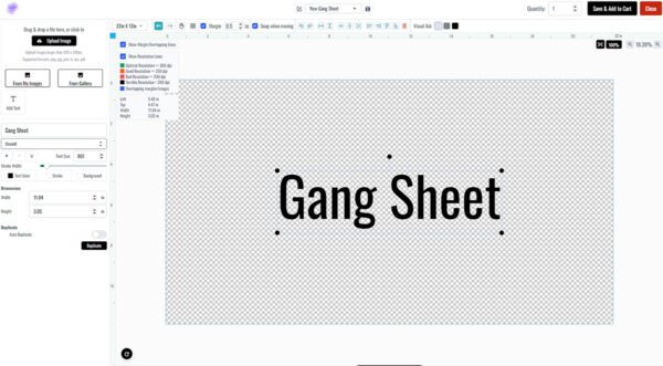 A screen shot of the product Build a Gang Sheet on a computer screen.