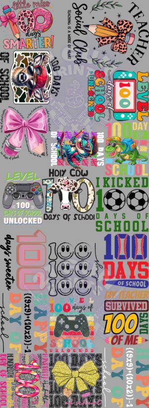 A graphic featuring illustrations and text related to 100 days of school, including elements like a smiling cow, a video game controller, a bow, and the number 100.