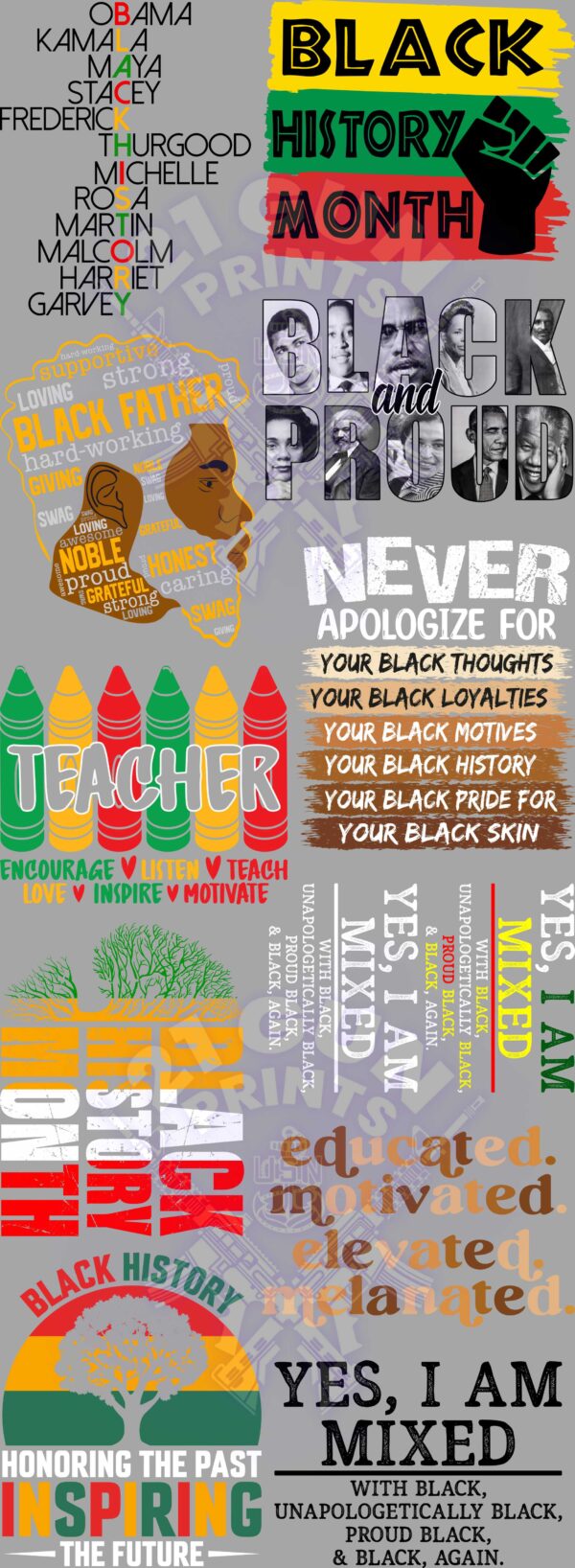 A graphic commemorating Black History Month with a collage of images and text celebrating Black pride and achievements. The overall message of the graphic is one of celebration, empowerment, and pride in Black history and culture. The inclusion of the phrase "Yes, I Am Mixed With Black" acknowledges the diversity within the Black community and celebrates mixed-race identities.