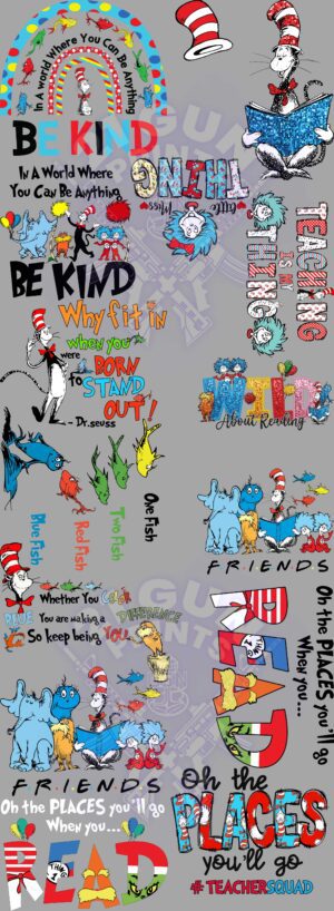 A colorful graphic featuring Dr. Seuss illustrations and inspirational quotes, celebrating teachers and the power of education. The image features a collage of illustrations and text inspired by the works of Dr. Seuss. There are images of the Cat in the Hat, the Lorax, and other iconic Dr. Seuss characters. The text includes inspirational quotes like "Be Kind," "Oh, the Places You'll Go," and "Why fit in when you were born to stand out!" The overall message of the graphic is one of appreciation for teachers and the importance of education in shaping young minds.