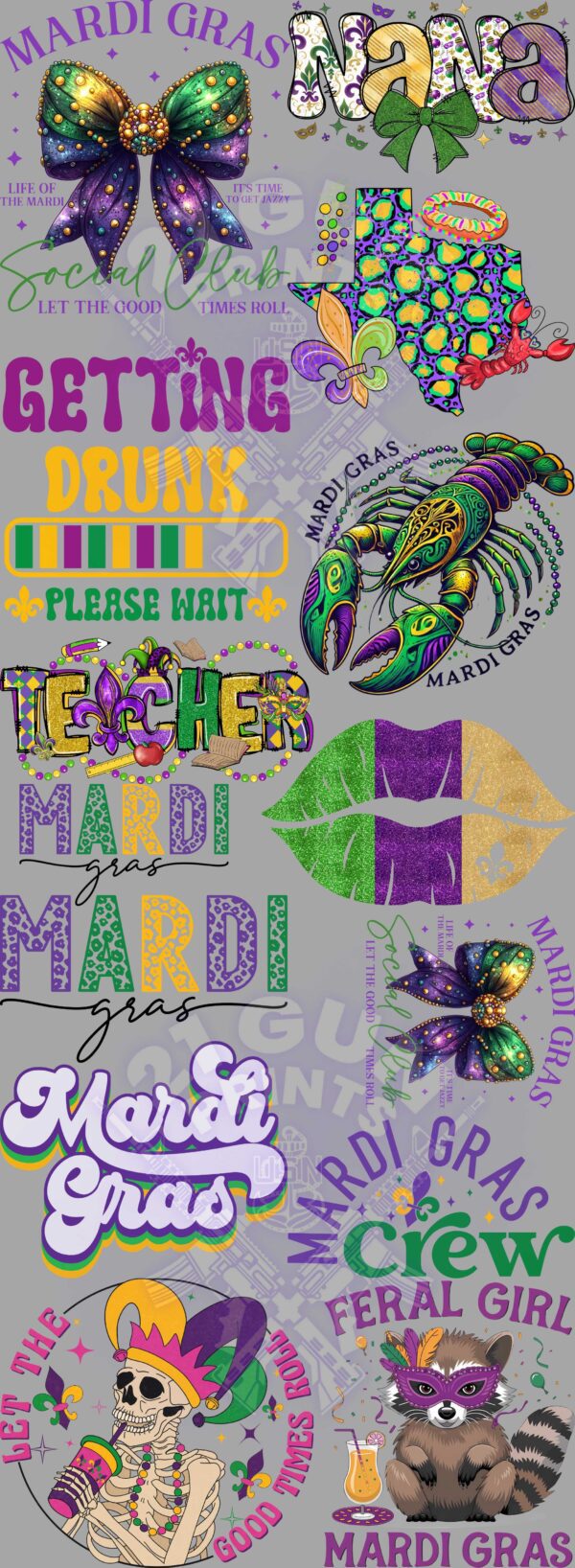 A colorful graphic celebrating Mardi Gras with images and text related to the festive occasion. The image features a collection of illustrations and text related to Mardi Gras. There are images of Mardi Gras masks, beads, crawfish, a king cake, and a sunflower. The overall tone of the graphic is festive and celebratory, capturing the spirit of Mardi Gras.