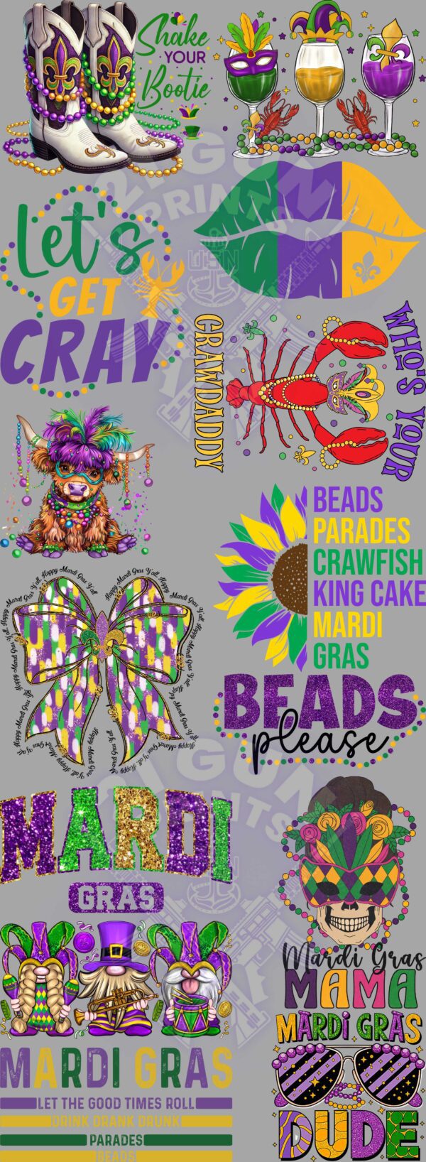 A colorful graphic celebrating Mardi Gras with images and text related to the festive occasion. The image features a collection of illustrations and text related to Mardi Gras. There are images of Mardi Gras masks, beads, crawfish, a king cake, and a sunflower. The overall tone of the graphic is festive and celebratory, capturing the spirit of Mardi Gras.