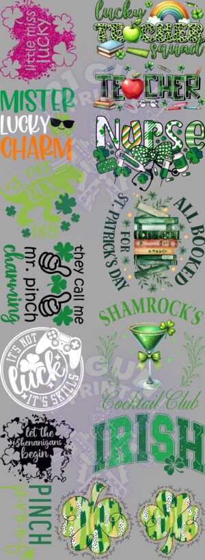 This image is a collection of St. Patrick's Day-themed designs. It likely contains elements that can be used to create custom merchandise or decorations for the holiday. A vertical collage of St. Patrick's Day-themed designs. The designs include text like "Mister Lucky Charm," "Teacher," "Nurse," "Shamrocks," "Irish," and "Let the Shenanigans Begin." There are also images of shamrocks, rainbows, and a martini glass.