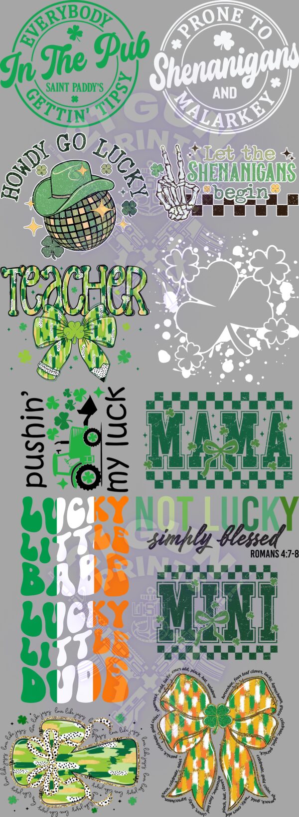 This image is a collection of St. Patrick's Day-themed designs. It likely contains elements that can be used to create custom merchandise or decorations for the holiday. A vertical collage of St. Patrick's Day-themed designs. The designs include text like "Mister Lucky Charm," "Teacher," "Nurse," "Shamrocks," "Irish," and "Let the Shenanigans Begin." There are also images of shamrocks, rainbows, and a martini glass.