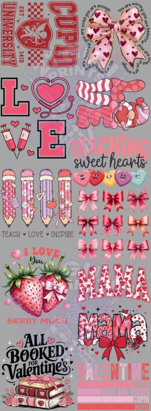 A Valentine's Day-themed graphic featuring a collage of cute and romantic illustrations and text. The image features a collection of illustrations and text related to Valentine's Day. There are images of hearts, bows, strawberries, pencils, and a teddy bear. The text includes phrases like "Sweet Hearts," "Mama," "All Booked for Valentine's," and "Teach, Love, Inspire." The overall tone of the graphic is sweet, romantic, and playful, making it suitable for celebrating Valentine's Day.