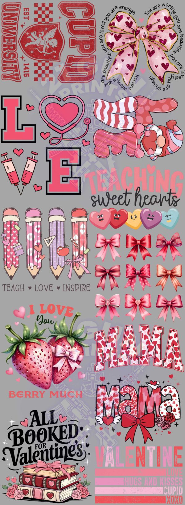 A Valentine's Day-themed graphic featuring a collage of cute and romantic illustrations and text. The image features a collection of illustrations and text related to Valentine's Day. There are images of hearts, bows, strawberries, pencils, and a teddy bear. The text includes phrases like "Sweet Hearts," "Mama," "All Booked for Valentine's," and "Teach, Love, Inspire." The overall tone of the graphic is sweet, romantic, and playful, making it suitable for celebrating Valentine's Day.