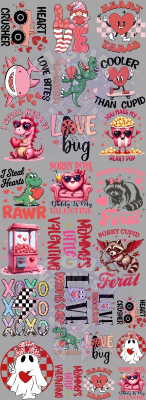 A fun and playful Valentine's Day-themed graphic with a collage of images and text.The image features a collection of images and text related to Valentine's Day, with a focus on cute and quirky designs. There are images of cartoon animals like a shark, a dragon, a raccoon, and a ladybug, as well as hearts, bows, and the phrase "Love Bug." The text includes phrases like "I Steal Hearts," "Cooler Than Cupid," and "Daddy is My Valentine." The overall tone of the graphic is lighthearted and playful, with a focus on celebrating love and having fun.