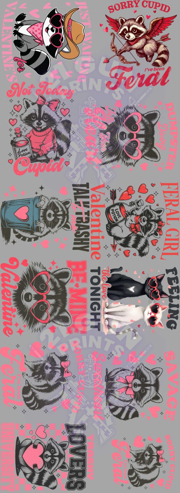 A humorous Valentine's Day-themed graphic featuring a collection of cute raccoon illustrations with sassy and sarcastic messages. The image features several cartoon raccoons in various poses and outfits, with each one accompanied by a witty Valentine's Day-related phrase. The overall tone of the graphic is lighthearted and irreverent, making it suitable for those who enjoy a bit of humor on Valentine's Day. Some examples include "Sorry Cupid, I'm Feral," "Not Feeling Cupid," and "Valentine's Day Trash."