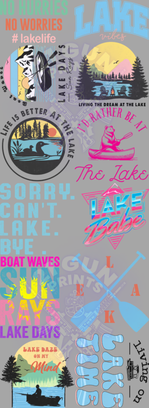 A digital collage showcases a variety of colorful, lake-themed designs and slogans against a muted gray background. The designs evoke a relaxed and outdoorsy vibe associated with lakeside living. The top left corner features a circular design with a stylized image of a boat, paddles, and a sun, accompanied by the hashtags "#lakelife" and the text "NO WORRIES." Below it, another circular emblem reads "LIFE IS BETTER AT THE LAKE" encircling a scene of ducks swimming on a lake at sunset. Moving to the right, a picturesque scene depicts a yellow and pink sunset over a lake with silhouetted pine trees and two Adirondack chairs around a campfire. The text overlay reads "LIVING THE DREAM AT THE LAKE." Below this, a whimsical design shows a bear paddling a pink canoe with the phrase "I'D RATHER BE AT THE LAKE" curving around it. In the center, vertically stacked text proclaims "SORRY I'M LATE I SAW A LAKE," followed by "BYE BOAT WAVES." Adjacent to this is a vibrant, geometric design with the words "LAKE BABE" in stylized lettering. The bottom section displays more lake-related imagery. On the left, a scene shows a person fishing from a boat on a lake under a sunny sky with the text "LAKE DAZE ON MY MIND." To the right, the word "LAKE" is playfully rendered in light blue, bubble-like letters, stacked vertically. A faint outline of a boat and trailer is visible next to it, along with the text "LAKE LIFE." Scattered throughout the collage are subtle, faded images of oars and other nautical elements, adding to the overall theme.