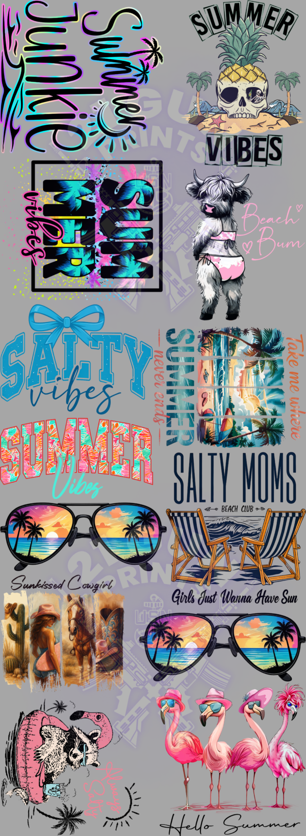 A created collage showcases a vibrant collection of summer-themed designs. Dominating the center are two pairs of aviator-style sunglasses reflecting picturesque beach sunsets with palm trees. Above them, various text elements read "SUMMER VIBES" alongside a pineapple wearing sunglasses, "SALTY vibes SUMMER," and "SALTY MOMS - BEACH CLUB" depicted with beach chairs. To the left, vertically stacked text reads "Summer Junkie," and a rectangular design features the word "SUMMER" filled with an ocean wave pattern. Other elements include a fluffy cow in a pink bikini with "Beach Bum" written nearby, a postcard-style image with "Take me there," and text phrases like "Sun-kissed Cowgirl," "Girls Just Wanna Have Sun," and "Hello Summer" accompanied by flamingo illustrations. The overall aesthetic is bright, playful, and evokes a feeling of summer vacation.